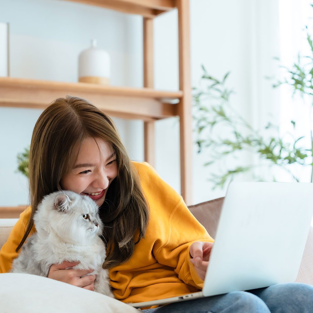 happy female holding cat and looking at open laptop in lap